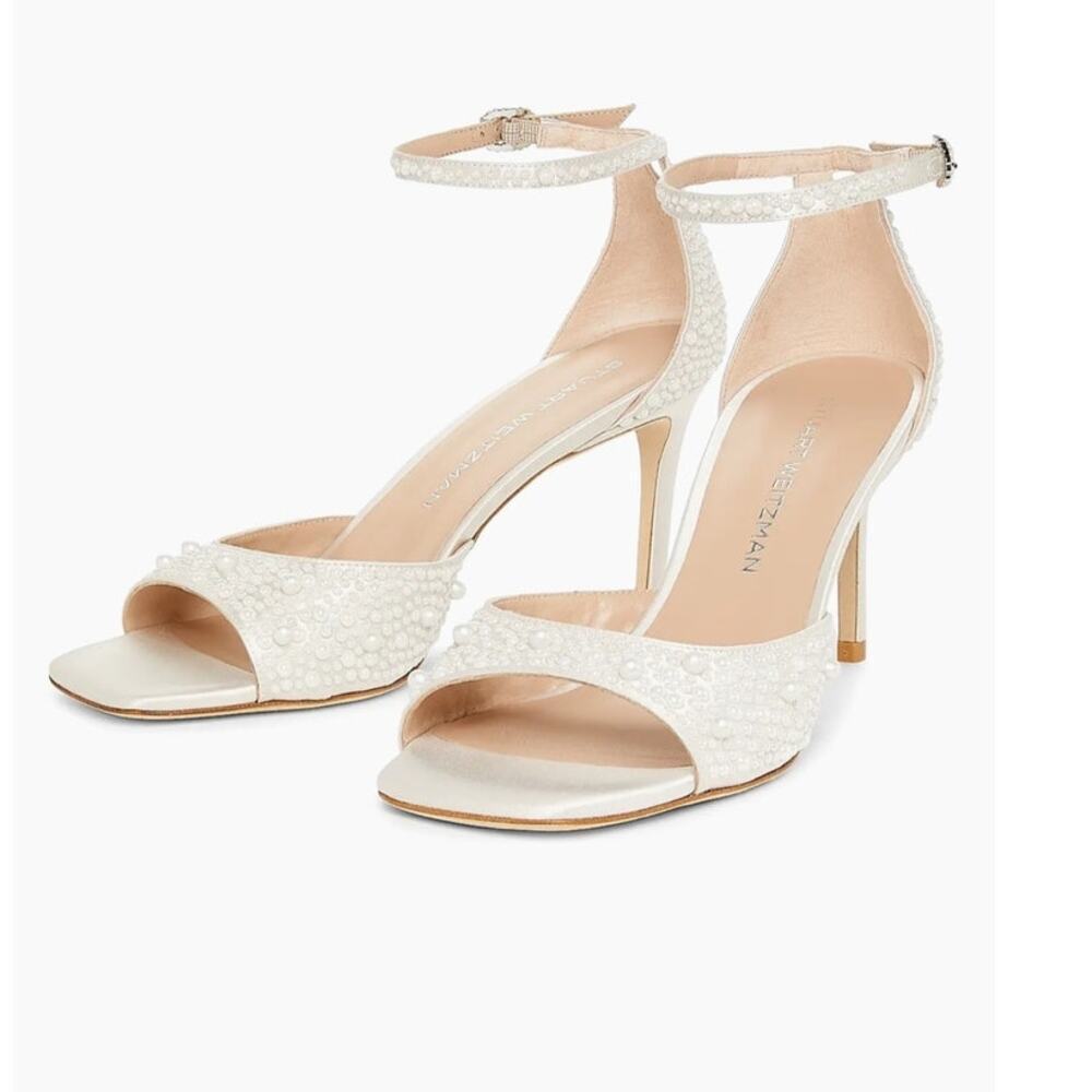 Stuart Weitzman Bliss pearl off- white satin wedding sandals heels 75 cm Size 8